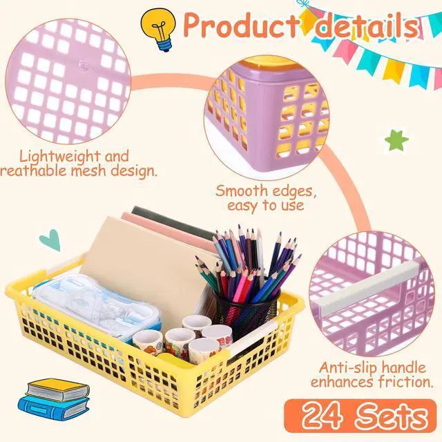 Alt view image 3 of 7 - 24 Pcs Colorful Plastic Classroom Baskets Bulk with Handles 13.6" x 10" Classroom Storage Bins 6 Color Morandi Stackable Desk Basket for School Office Teacher Book Pencil Organization