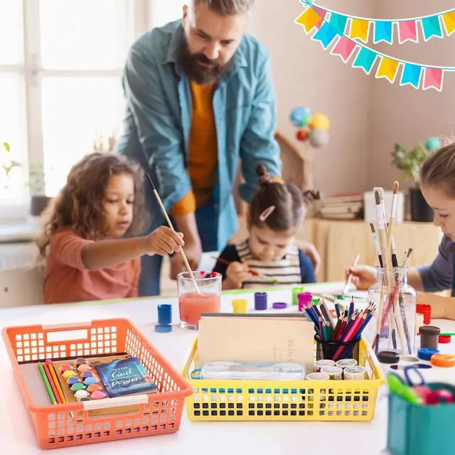 Alt view image 4 of 7 - 24 Pcs Colorful Plastic Classroom Baskets Bulk with Handles 13.6" x 10" Classroom Storage Bins 6 Color Morandi Stackable Desk Basket for School Office Teacher Book Pencil Organization