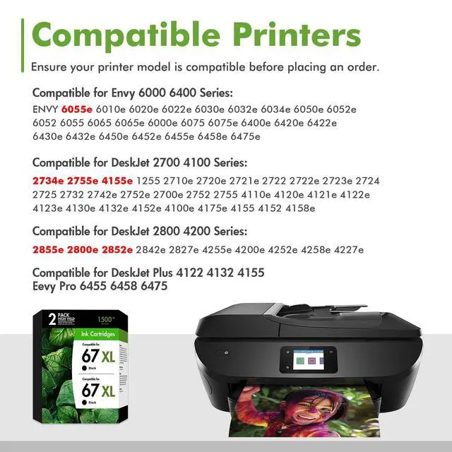 Alt view image 2 of 7 - 67XL 67 Black Ink Cartridges Compatible for HP Deskjet 2855e 2755e 2-Pack | Compatible for HP67XL 6000 Printer for HP DeskJet 6055e 2700 4155e 4255e 4100 2700e 2734e 2800 Envy 6055e 6455e 6400 Series