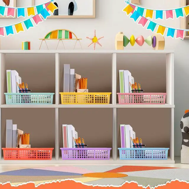 Alt view image 5 of 7 - 24 Pcs Colorful Plastic Classroom Baskets Bulk with Handles 13.6" x 10" Classroom Storage Bins 6 Color Morandi Stackable Desk Basket for School Office Teacher Book Pencil Organization