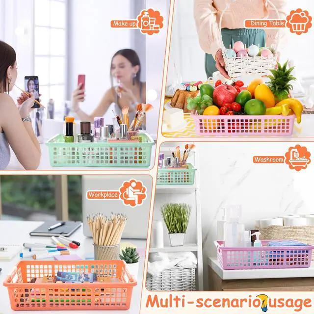 Alt view image 6 of 7 - 24 Pcs Colorful Plastic Classroom Baskets Bulk with Handles 13.6" x 10" Classroom Storage Bins 6 Color Morandi Stackable Desk Basket for School Office Teacher Book Pencil Organization