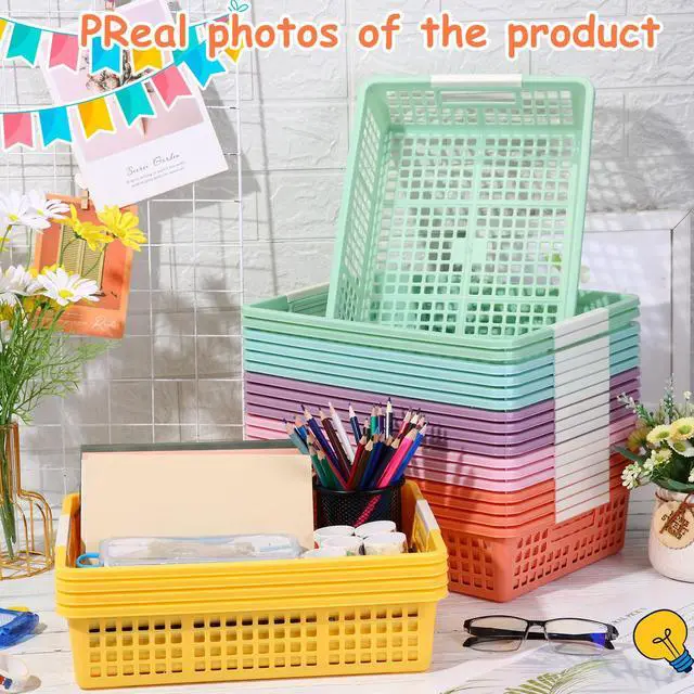 Alt view image 7 of 7 - 24 Pcs Colorful Plastic Classroom Baskets Bulk with Handles 13.6" x 10" Classroom Storage Bins 6 Color Morandi Stackable Desk Basket for School Office Teacher Book Pencil Organization