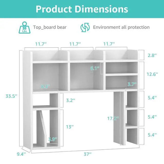 Alt view image 3 of 7 - White Desk Hutch Dorm with Shelves and File Organizer - 37" Wood Desktop Hutch for College Room, Desktop Bookshelf for Computer Desk, Space Saving Bookshelf