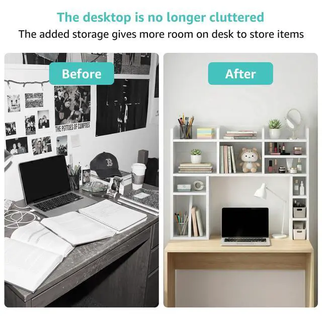 Alt view image 5 of 7 - White Desk Hutch Dorm with Shelves and File Organizer - 37" Wood Desktop Hutch for College Room, Desktop Bookshelf for Computer Desk, Space Saving Bookshelf