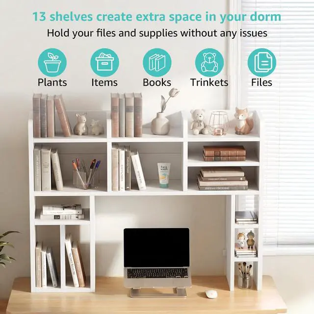 Alt view image 7 of 7 - White Desk Hutch Dorm with Shelves and File Organizer - 37" Wood Desktop Hutch for College Room, Desktop Bookshelf for Computer Desk, Space Saving Bookshelf