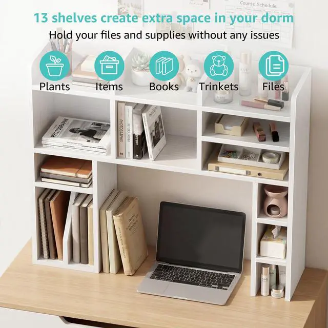 Alt view image 6 of 7 - White Desk Hutch Dorm with Shelves and File Organizer - 37" Wood Desktop Hutch for College Room, Desktop Bookshelf for Computer Desk, Space Saving Bookshelf