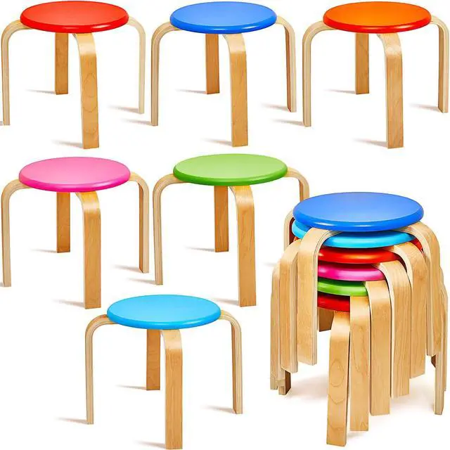 Main image of 12 Inch Wood Stackable Classroom Stools Bentwood Stacking Chairs for Kids Colorful Round Nesting Stools Pack of 6 for Toddlers Adult Playroom Daycare Home Office