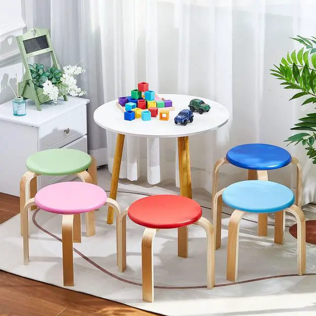 Alt view image 2 of 7 - 12 Inch Wood Stackable Classroom Stools Bentwood Stacking Chairs for Kids Colorful Round Nesting Stools Pack of 6 for Toddlers Adult Playroom Daycare Home Office