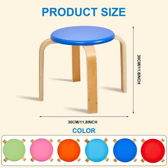 Alt view image 3 of 7 - 12 Inch Wood Stackable Classroom Stools Bentwood Stacking Chairs for Kids Colorful Round Nesting Stools Pack of 6 for Toddlers Adult Playroom Daycare Home Office