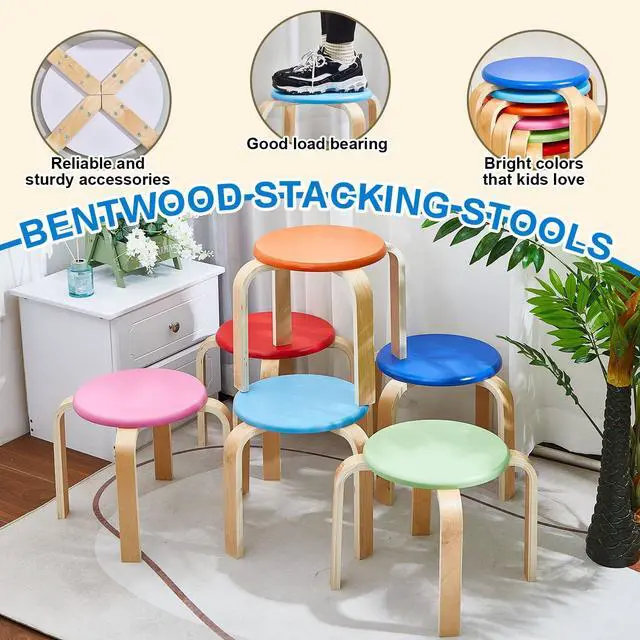 Alt view image 4 of 7 - 12 Inch Wood Stackable Classroom Stools Bentwood Stacking Chairs for Kids Colorful Round Nesting Stools Pack of 6 for Toddlers Adult Playroom Daycare Home Office