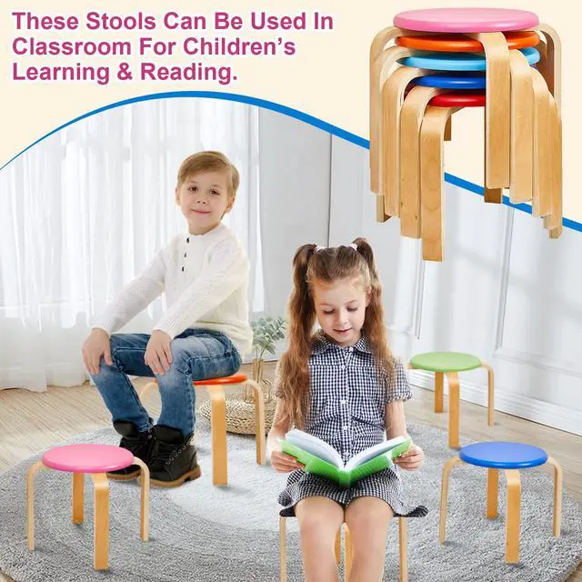 Alt view image 5 of 7 - 12 Inch Wood Stackable Classroom Stools Bentwood Stacking Chairs for Kids Colorful Round Nesting Stools Pack of 6 for Toddlers Adult Playroom Daycare Home Office