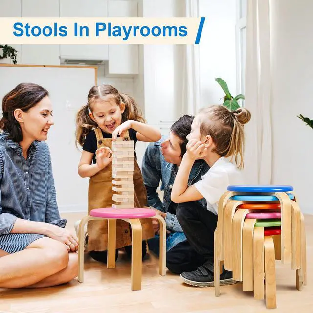 Alt view image 6 of 7 - 12 Inch Wood Stackable Classroom Stools Bentwood Stacking Chairs for Kids Colorful Round Nesting Stools Pack of 6 for Toddlers Adult Playroom Daycare Home Office