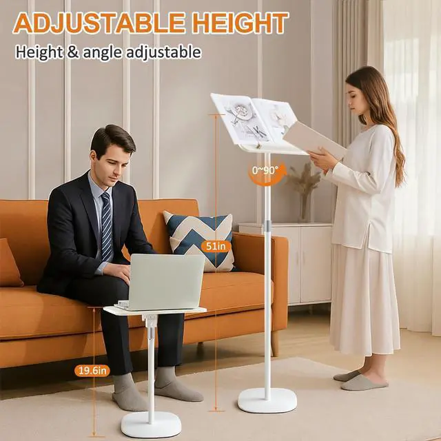 Alt view image 2 of 7 - 2 in 1 Dual-use Floor & Desktop Book Stand White, 19.6-54 Inch Height Adjustable, for Bible Stand Music Holder Podium Recipe Cookbook, Foldable Book Holder for Reading with Page Clips