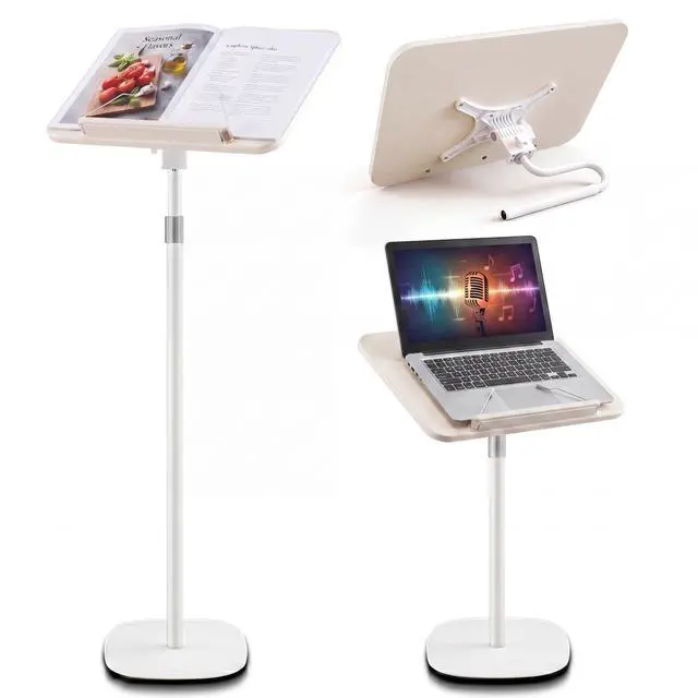Main image of 2 in 1 Dual-use Floor & Desktop Book Stand White, 19.6-54 Inch Height Adjustable, for Bible Stand Music Holder Podium Recipe Cookbook, Foldable Book Holder for Reading with Page Clips