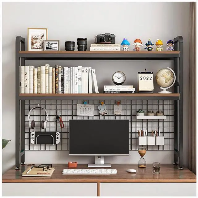 Main image of Desktop Hutch Bookshelf, 2-Tier Metal Desk Shelf with Grid Panel | Wooden Desktop Display Rack for Computer Monitor, Countertop Storage Organizer for Office Home Dorm (115cm Black)