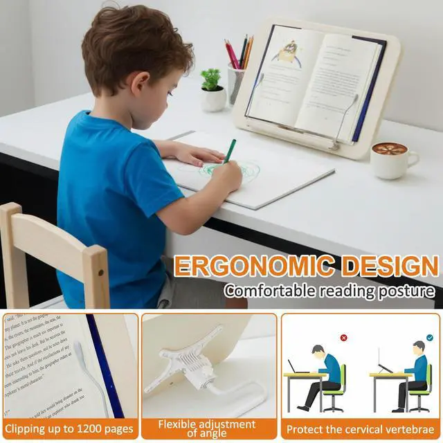 Alt view image 4 of 7 - 2 in 1 Dual-use Floor & Desktop Book Stand White, 19.6-54 Inch Height Adjustable, for Bible Stand Music Holder Podium Recipe Cookbook, Foldable Book Holder for Reading with Page Clips