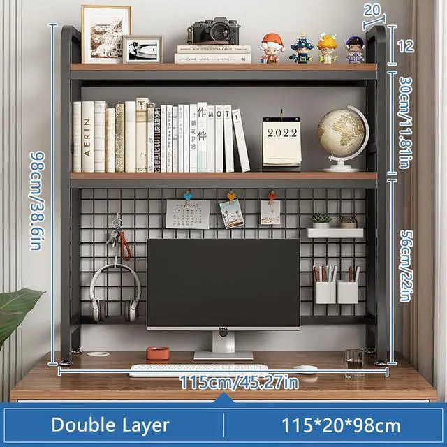 Alt view image 2 of 7 - Desktop Hutch Bookshelf, 2-Tier Metal Desk Shelf with Grid Panel | Wooden Desktop Display Rack for Computer Monitor, Countertop Storage Organizer for Office Home Dorm (115cm Black)