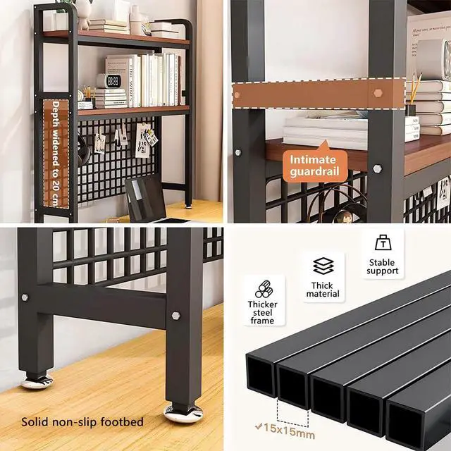 Alt view image 3 of 7 - Desktop Hutch Bookshelf, 2-Tier Metal Desk Shelf with Grid Panel | Wooden Desktop Display Rack for Computer Monitor, Countertop Storage Organizer for Office Home Dorm (115cm Black)