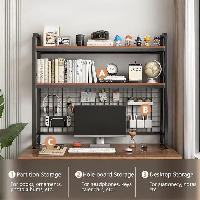 Alt view image 4 of 7 - Desktop Hutch Bookshelf, 2-Tier Metal Desk Shelf with Grid Panel | Wooden Desktop Display Rack for Computer Monitor, Countertop Storage Organizer for Office Home Dorm (115cm Black)