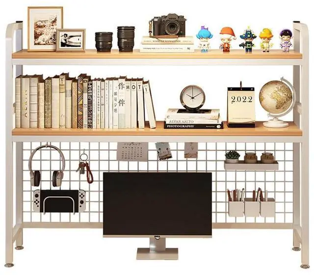 Main image of Desktop Hutch Bookshelf, 2-Tier Metal Desk Shelf with Grid Panel | Wooden Desktop Display Rack for Computer Monitor, Countertop Storage Organizer for Office Home Dorm (115cm White)