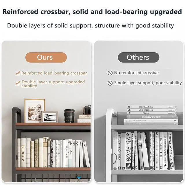 Alt view image 5 of 7 - Desktop Hutch Bookshelf, 2-Tier Metal Desk Shelf with Grid Panel | Wooden Desktop Display Rack for Computer Monitor, Countertop Storage Organizer for Office Home Dorm (115cm Black)