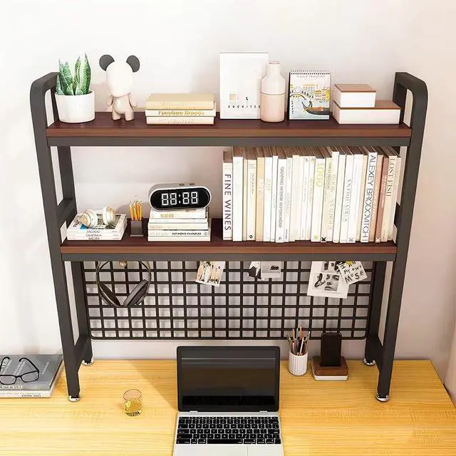 Alt view image 7 of 7 - Desktop Hutch Bookshelf, 2-Tier Metal Desk Shelf with Grid Panel | Wooden Desktop Display Rack for Computer Monitor, Countertop Storage Organizer for Office Home Dorm (115cm Black)