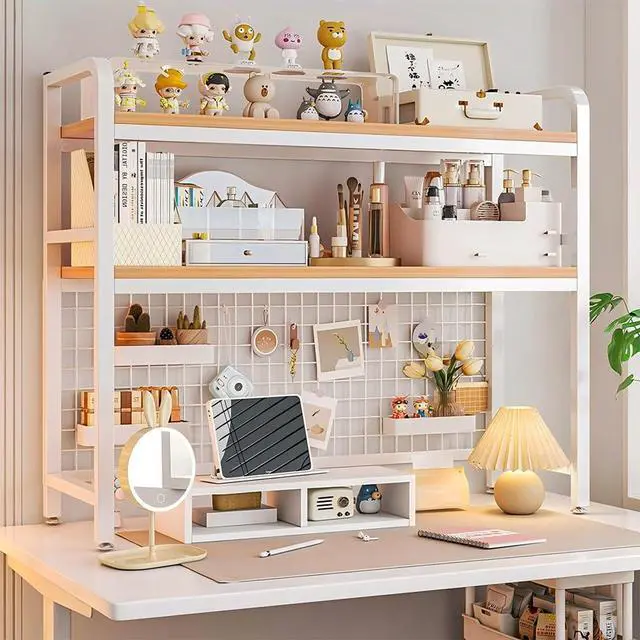 Alt view image 2 of 7 - Desktop Hutch Bookshelf, 2-Tier Metal Desk Shelf with Grid Panel | Wooden Desktop Display Rack for Computer Monitor, Countertop Storage Organizer for Office Home Dorm (115cm White)