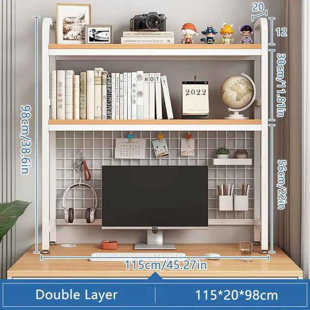 Alt view image 3 of 7 - Desktop Hutch Bookshelf, 2-Tier Metal Desk Shelf with Grid Panel | Wooden Desktop Display Rack for Computer Monitor, Countertop Storage Organizer for Office Home Dorm (115cm White)
