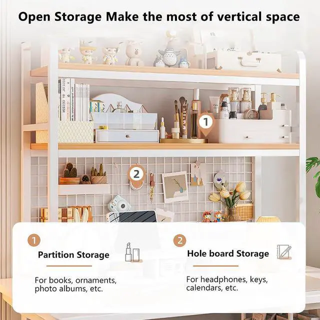 Alt view image 5 of 7 - Desktop Hutch Bookshelf, 2-Tier Metal Desk Shelf with Grid Panel | Wooden Desktop Display Rack for Computer Monitor, Countertop Storage Organizer for Office Home Dorm (115cm White)