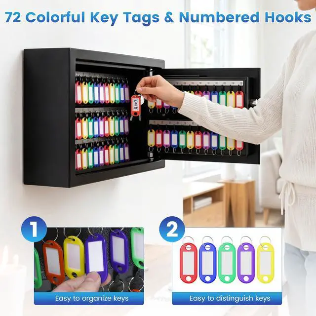 Alt view image 5 of 7 - 72 Keys Sturdy Key Lock Box Wall Mount with Code & 72 Colorful Key Tags | 12Lbs Heavy Duty Key Cabinet with Numbered Labels | Electronic Anti-Theft Key Box for Home Office Business Car Garage Rental