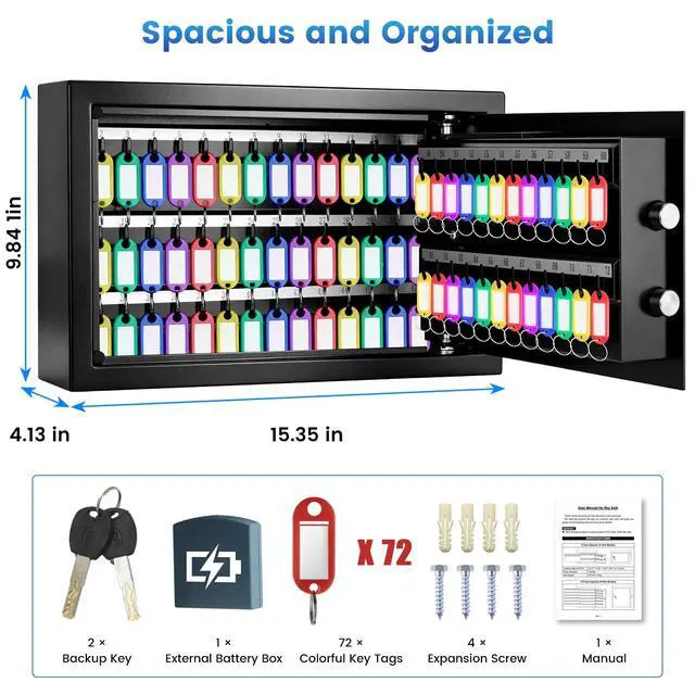 Alt view image 2 of 7 - 72 Keys Sturdy Key Lock Box Wall Mount with Code & 72 Colorful Key Tags | 12Lbs Heavy Duty Key Cabinet with Numbered Labels | Electronic Anti-Theft Key Box for Home Office Business Car Garage Rental