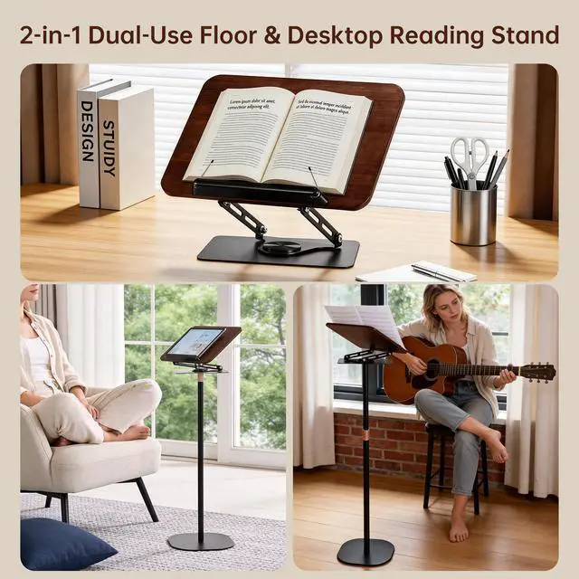 Alt view image 2 of 7 - 2-in-1 Floor & Desktop Book Stand, Adjustable Reading Music Podium | Portable Dual-Use 19"-62.2" Music Sheet Display, Laptop, Cookbook, Projector Stand Holder, 360° Rotate, Page Clip, Wood