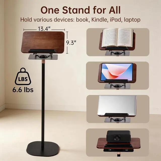 Alt view image 3 of 7 - 2-in-1 Floor & Desktop Book Stand, Adjustable Reading Music Podium | Portable Dual-Use 19"-62.2" Music Sheet Display, Laptop, Cookbook, Projector Stand Holder, 360° Rotate, Page Clip, Wood