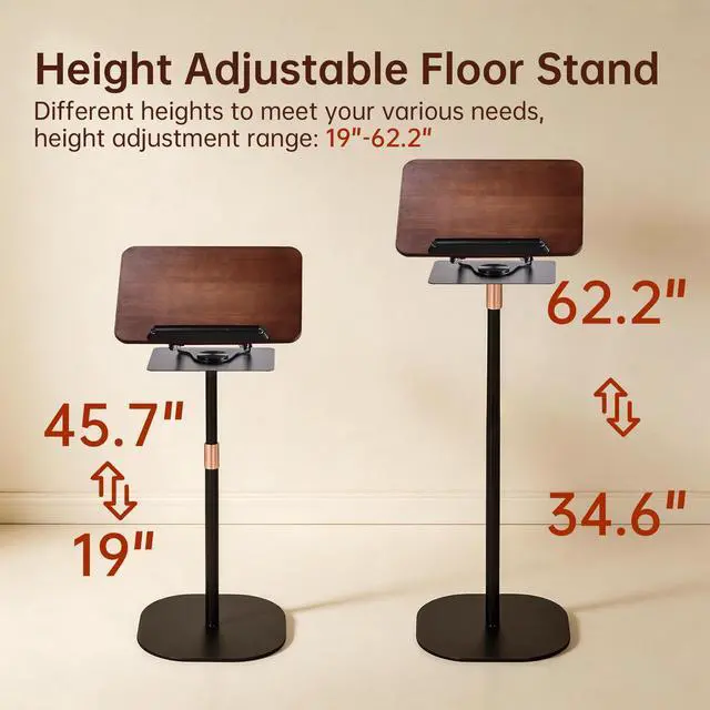 Alt view image 4 of 7 - 2-in-1 Floor & Desktop Book Stand, Adjustable Reading Music Podium | Portable Dual-Use 19"-62.2" Music Sheet Display, Laptop, Cookbook, Projector Stand Holder, 360° Rotate, Page Clip, Wood