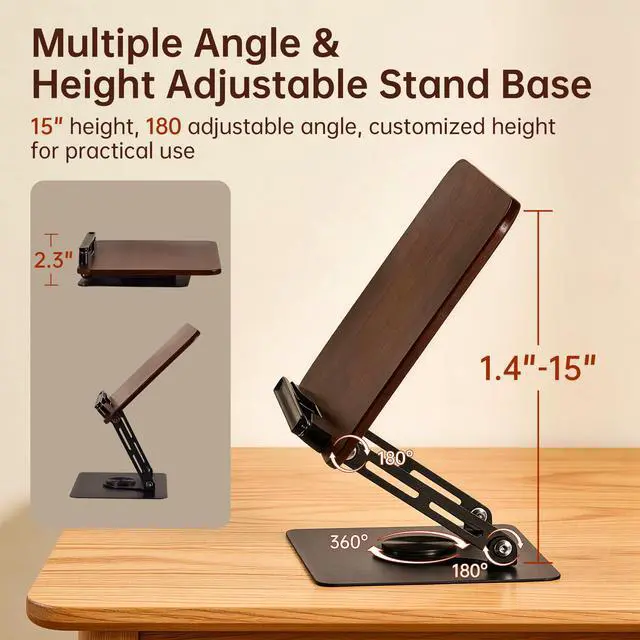 Alt view image 6 of 7 - 2-in-1 Floor & Desktop Book Stand, Adjustable Reading Music Podium | Portable Dual-Use 19"-62.2" Music Sheet Display, Laptop, Cookbook, Projector Stand Holder, 360° Rotate, Page Clip, Wood
