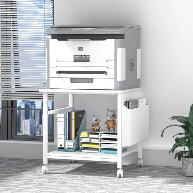 Main image of Large Printer Stand, 23.6 x 23.6 Inches Square Printer Stand with Storage Shelf, 2 Tier Printer Table for Home Office, Rolling Printer Cart with Lockable Wheels, Mobile Mini Fridge Stand Table, White