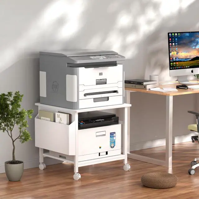 Alt view image 3 of 7 - Large Printer Stand, 23.6 x 23.6 Inches Square Printer Stand with Storage Shelf, 2 Tier Printer Table for Home Office, Rolling Printer Cart with Lockable Wheels, Mobile Mini Fridge Stand Table, White