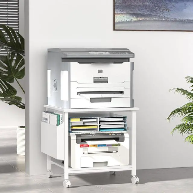Alt view image 2 of 7 - Large Printer Stand, 23.6 x 23.6 Inches Square Printer Stand with Storage Shelf, 2 Tier Printer Table for Home Office, Rolling Printer Cart with Lockable Wheels, Mobile Mini Fridge Stand Table, White