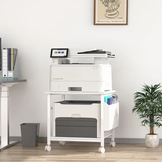 Alt view image 5 of 7 - Large Printer Stand, 23.6 x 23.6 Inches Square Printer Stand with Storage Shelf, 2 Tier Printer Table for Home Office, Rolling Printer Cart with Lockable Wheels, Mobile Mini Fridge Stand Table, White
