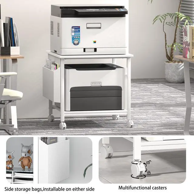 Alt view image 4 of 7 - Large Printer Stand, 23.6 x 23.6 Inches Square Printer Stand with Storage Shelf, 2 Tier Printer Table for Home Office, Rolling Printer Cart with Lockable Wheels, Mobile Mini Fridge Stand Table, White