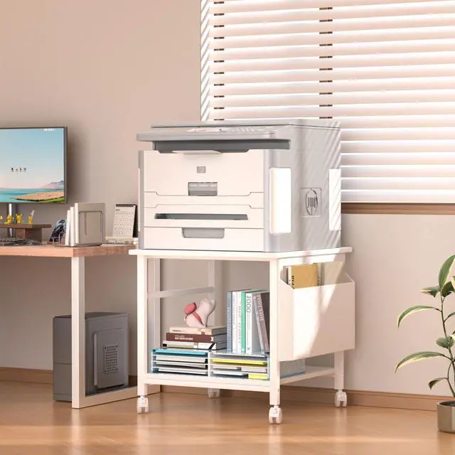 Alt view image 6 of 7 - Large Printer Stand, 23.6 x 23.6 Inches Square Printer Stand with Storage Shelf, 2 Tier Printer Table for Home Office, Rolling Printer Cart with Lockable Wheels, Mobile Mini Fridge Stand Table, White