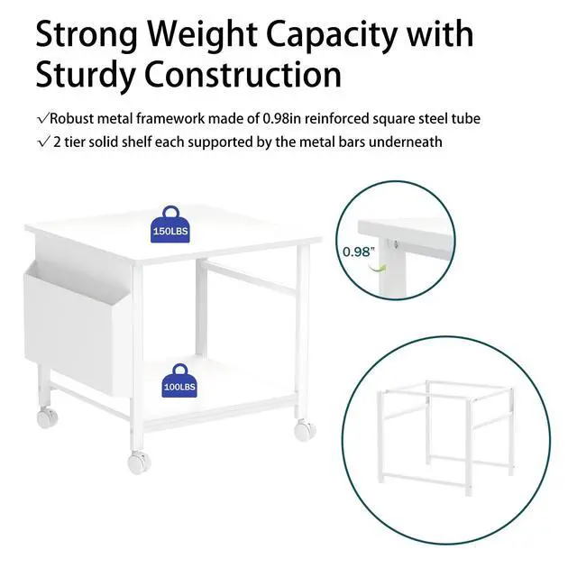 Alt view image 7 of 7 - Large Printer Stand, 23.6 x 23.6 Inches Square Printer Stand with Storage Shelf, 2 Tier Printer Table for Home Office, Rolling Printer Cart with Lockable Wheels, Mobile Mini Fridge Stand Table, White