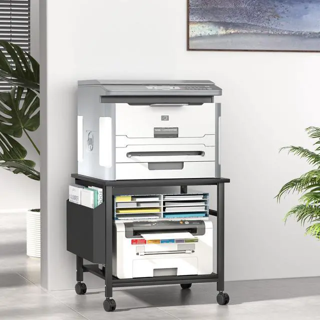 Alt view image 2 of 7 - Large Printer Stand, 23.6 x 23.6 Inches Square Printer Stand with Storage Shelf, 2 Tier Printer Table for Home Office, Rolling Printer Cart with Lockable Wheels, Mobile Mini Fridge Stand Table, Black