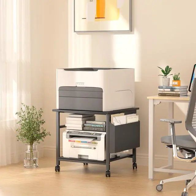 Alt view image 4 of 7 - Large Printer Stand, 23.6 x 23.6 Inches Square Printer Stand with Storage Shelf, 2 Tier Printer Table for Home Office, Rolling Printer Cart with Lockable Wheels, Mobile Mini Fridge Stand Table, Black