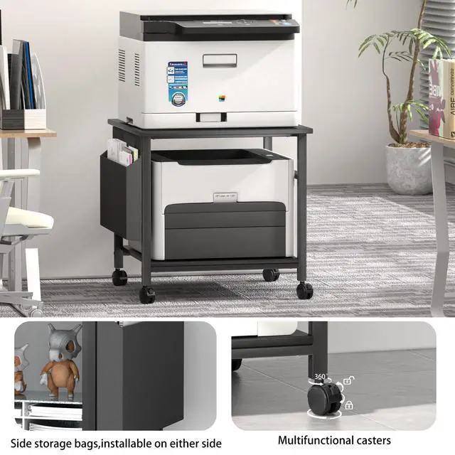 Alt view image 6 of 7 - Large Printer Stand, 23.6 x 23.6 Inches Square Printer Stand with Storage Shelf, 2 Tier Printer Table for Home Office, Rolling Printer Cart with Lockable Wheels, Mobile Mini Fridge Stand Table, Black
