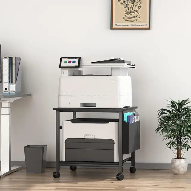 Alt view image 3 of 7 - Large Printer Stand, 23.6 x 23.6 Inches Square Printer Stand with Storage Shelf, 2 Tier Printer Table for Home Office, Rolling Printer Cart with Lockable Wheels, Mobile Mini Fridge Stand Table, Black