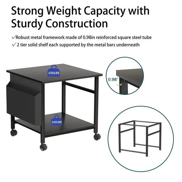 Alt view image 5 of 7 - Large Printer Stand, 23.6 x 23.6 Inches Square Printer Stand with Storage Shelf, 2 Tier Printer Table for Home Office, Rolling Printer Cart with Lockable Wheels, Mobile Mini Fridge Stand Table, Black