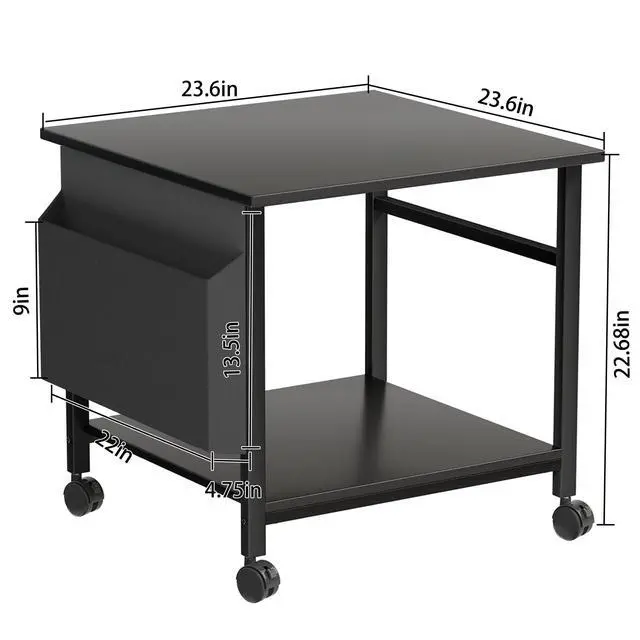 Alt view image 7 of 7 - Large Printer Stand, 23.6 x 23.6 Inches Square Printer Stand with Storage Shelf, 2 Tier Printer Table for Home Office, Rolling Printer Cart with Lockable Wheels, Mobile Mini Fridge Stand Table, Black