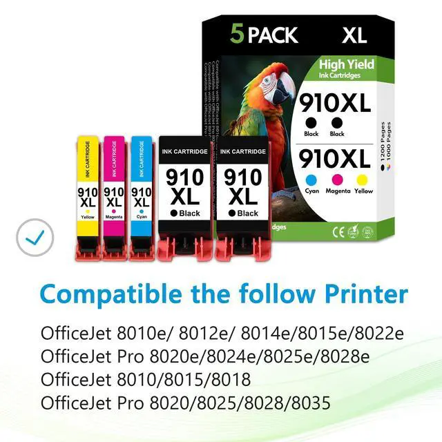 Alt view image 2 of 7 - 910XL Ink Cartridges 5 Pack High Yield Replacement for HP 910 XL, Black Cyan Magenta Yellow, Compatible with HP OfficeJet Pro 8010 8010e 8012e 8015 8020 8025e 8028e Printers