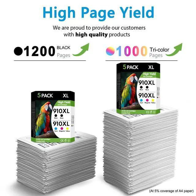 Alt view image 3 of 7 - 910XL Ink Cartridges 5 Pack High Yield Replacement for HP 910 XL, Black Cyan Magenta Yellow, Compatible with HP OfficeJet Pro 8010 8010e 8012e 8015 8020 8025e 8028e Printers